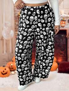 EMERY ROSE Halloween Plus Size Fashionable Skull Print Loose Pants Fall Cloth For Women - Black - View 4