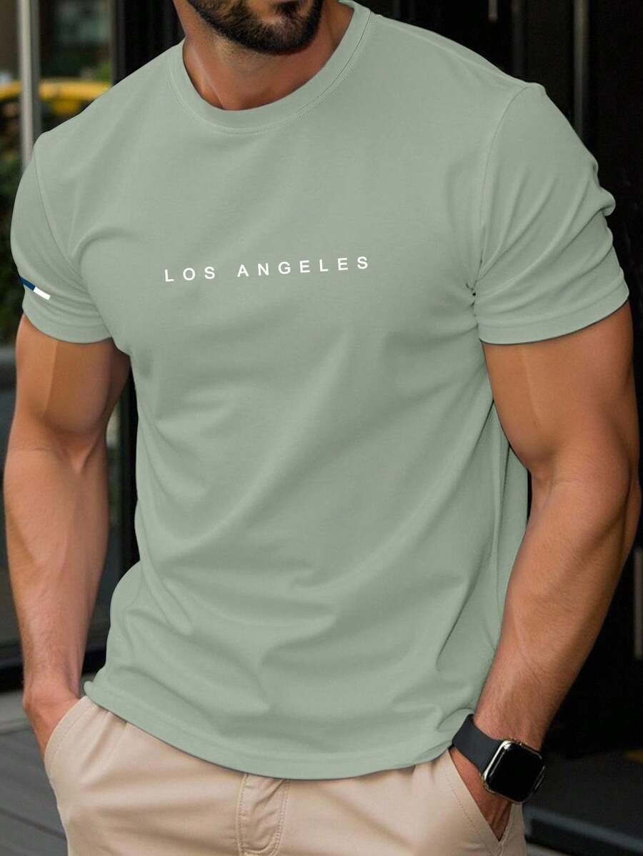 Manfinity Homme Áo thun nam ngắn tay mùa hè có in chữ và cổ tròn - màu xanh lá - Xem 1