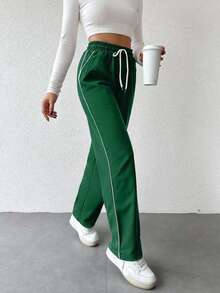 EURMUSE Women's Casual Versatile Contrast Trim Sweatpants - Dark Green - View 3