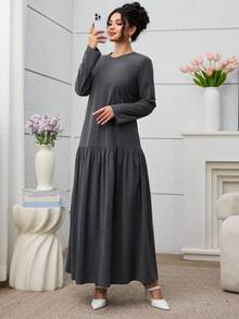 Al Najma Women's Fashion Casual Commuter Youthful Daily Ruffle Pleated Flare Sleeve Loose Arabic Style Dress Modest Long Dress Casual Long Dress - Grey - View 5