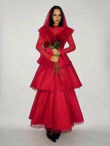 SHEIN ICON Women's Long Ghost Bride Cosplay Costume For Halloween Party,Includes Veil,Red Skirt Dress,Autumn Elegant Gown,Organza Modest Najma Dresses For Women - Cherry Red - View 3