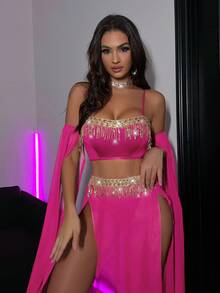 5pcs/Set Sequin Tassel Mesh Wireless Costume For Women - Hot Pink - View 4