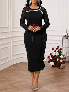 SHEIN Lady Women's Contrast Lace Round Neck Long Sleeve Ruffle Hem Fitted Elegant Black Dress