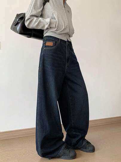 Dazy Tall 女式休闲宽松男友风阔腿牛仔裤，纯色