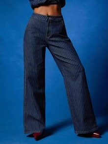 NYA SZN Jeans rectos de talle alto con raya de rayas, ajustados, de uso diario casual, para otoño, declaración, festival, carnaval - Azul lavado oscuro - Ver 7