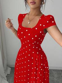 Elenzga Women's Elegant Polka Dot Print Ruched Waist Square Neck Short Sleeve Maxi Dress - Red - View 5