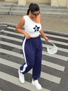SHEIN EZwear Plus Size Women Contrast Color Elastic Waist Drawstring Casual Sweatpants/Winter