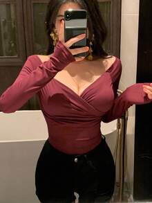DAZY 1pc Women Plain Long Sleeve T-Shirt, Simple Fashion Casual Wear For Daily Use,Fall Clothes,Back To School Clothes - Burgundy - View 7