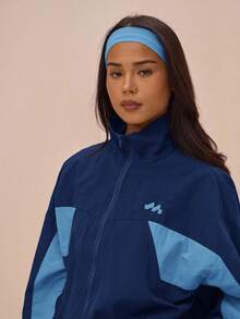 MUSERA Áo khoác thể thao nylon dáng rộng có cổ, phối màu tương phản, khóa kéo toàn thân, chỉ mặc bên ngoài, thích hợp cho mùa xuân. Phong cách thể thao năng động, lễ hội, đường phố, mùa đông, mùa tựu trường. Mùa xuân. - Màu xanh hải quân - Xem 5