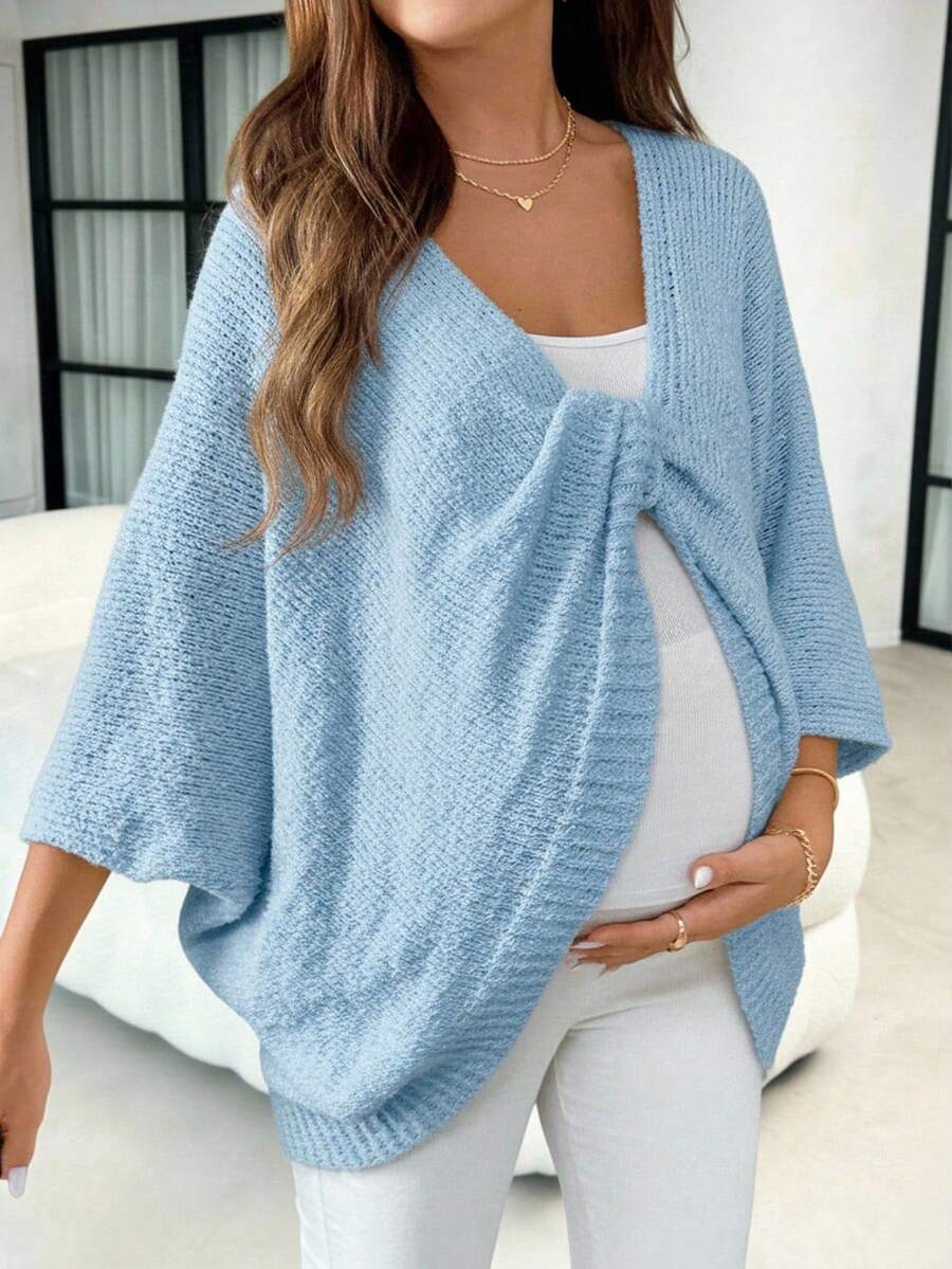 SHEIN 蝙蝠袖前扭纹装饰纯色孕妇毛衣 - 藍色 - 查看 1