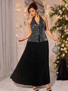 Cravure 大码女式优雅黑色和银色亮片两件套派对套装