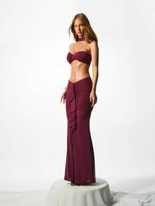 Váy Maxi Dài Ôm Sát Cạp Cao, Phối Lưới Màu Đỏ Burgundy, Có Chi Tiết Xếp Ly Hai Bên, Váy Dự Tiệc Trang Trọng Buổi Tối - Màu đỏ tím - Xem 5
