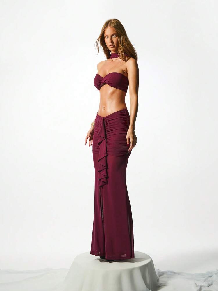 KIZN Mesh Ruched Maxi Skirt With Drape Front