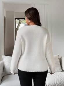 Vionelle Plus Size Casual White Knit Pullover Sweater With Contrasting Trim, Comfortable, Suitable For Work, Elegant White Sweater Women Sweater Contrast Stitch Sweater Cute Sweater Sweater Top Winter Fall Autumn