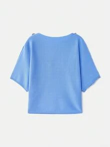 lacRébo Blusa holgada de punto con estilo kimono de manga corta en color azul cielo, con detalle de botón dorado en el hombro, para mujer en otoño e invierno