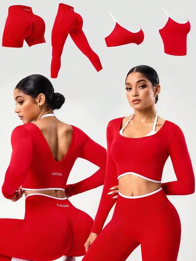 Seamluxe SHEIN Sport Camiseta Esportiva Vermelha Sem Costura Feminina, 2 em 1 de Manga Longa, Adequada para Fitness, Yoga e Uso Diário