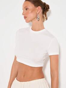 KIZN Cotton Cropped Fitted Short Sleeve Basic Tee Essential Summer Casual Top - White - View 4