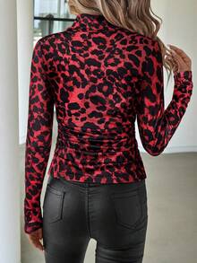 Lavishia Leopard Print Turtleneck Fitted Women Long Sleeve T-Shirt,Cheetah Print Top,Leopard Print Top - Red - View 2