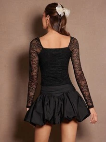 Enchnt Fall/Winter Romantic Women's Elegant Black Lace Mesh Patchwork Heart Neck Bow Decor Elegant Long Sleeve Blouse,Sweet&Elegant&Fashionable For Date&Holiday&Birthday&Party&Wedding Guest&Office&Going Out&Afternoon Tea,Fall Blouse For Women,Autumn Clothes