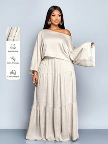 SOLERSUN 女士加大码纯色亚麻简约休闲宽松长袖上衣和荷叶边半裙两件套，米色，夏季，度假 - 杏色 - 查看 1