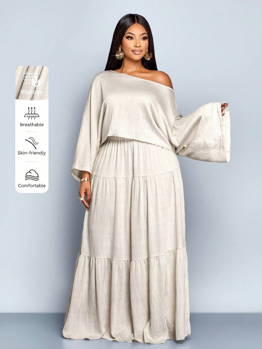 SOLERSUN 女士加大码纯色亚麻简约休闲宽松长袖上衣和荷叶边半裙两件套，米色，夏季，度假 - 杏色 - 查看 1