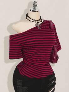 SHEIN ICON Áo thun tay ngắn dệt kim kẻ sọc đen xám vai lệch cỡ lớn, áo thun sọc Bardot thường ngày, trở lại trường, Y2K, trang phục hàng ngày, thích hợp cho mùa hè - Nhiều màu - Xem 6