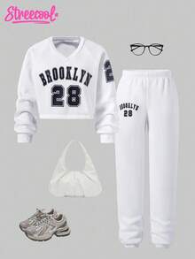 SHEIN Explorewe 2pcs/Set Tween Girl Casual Loose Graphic Print V-Neck Fleece Sweatshirt And Comfortable Sports Pants, Suitable For Autumn And Winter Fall - White - View 1