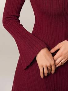 Avantive Women's Elegant Commuter Solid Color Hollow Out Flare Sleeve Knit Dress