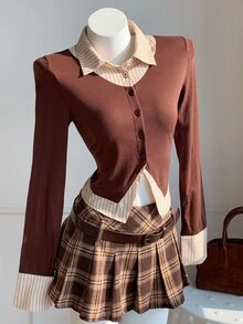 Comfortcana Camiseta feminina casual versátil 2 em 1 justa manga curta longa - Castanho - Ver 1
