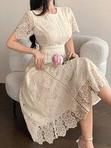 DAZY Elegant Lace Trim Short Sleeve Dress, Youthful And Refined Mini Dress - Apricot - View 4