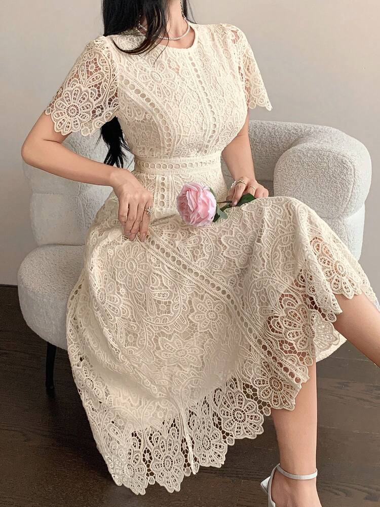 Vestido corto con adorno de encaje en las mangas, vestido mini elegante y refinado - Albaricoque - Añade 4