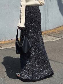 FRIFUL 女士弹力腰直筒亮片毛衣裙 冬季女裙 - 黑色 - 查看 4