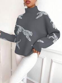 SHEIN LUNE 女式豹纹高领长袖休闲宽松毛衣，秋冬 - 灰色 - 查看 6