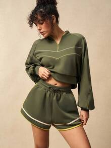 VARSIVA 2pcs/Set Contrast Trim Sweatshirt And Shorts Sports Outfit - Multicolor - View 2