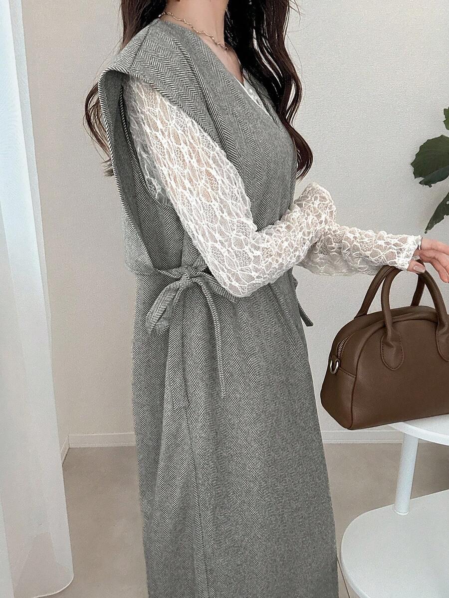 FRIFUL 女士时尚休闲V领人字纹长裙 - 卡其色 - 查看 1