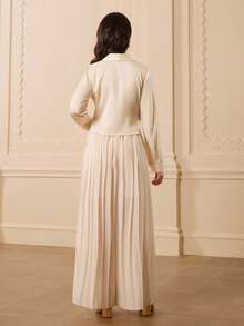 Teenager Solid Color Turndown Collar Long Sleeve Shirt Top + Pleated Waist Pants Halloween Christmas Outfit - Apricot - View 2