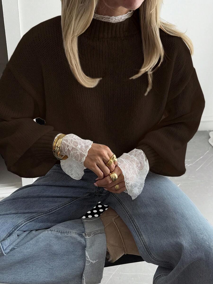 DAZY Autumn New Loose Casual Lace Patchwork Women Sweater