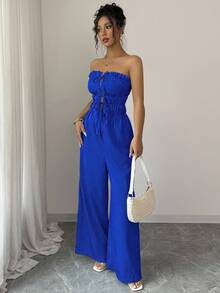 Elenzga 女士荷叶边系带条纹褶皱阔腿连体裤 - 藍色 - 查看 5