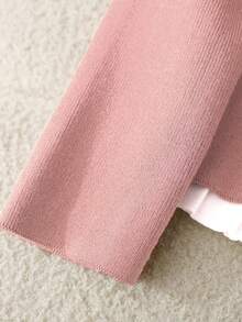 Qadelle Contrast Trim Front Button Closure Elegant Commuter Long Sleeve Sweater - Pink - View 4
