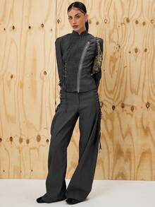 COUREZ Lattice Detail Overized Fit Tailored Trousers /Y2K Going Out Outfits Wide Leg Pants Fall Clothes For Women Winter Clothes For Women Wide Leg Pants Elegant Office