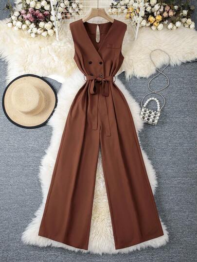 INAWLY Macacão feminino casual minimalista, cor sólida, com amarração na cintura, sem mangas