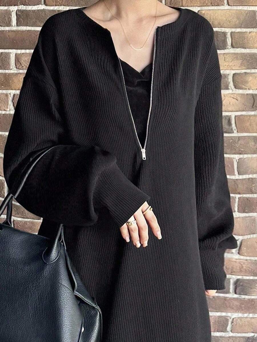 FRIFUL 女式黑色纯色落肩长袖、袖口褶皱、圆领、金属拉链领口、喇叭下摆宽松休闲连衣裙，秋季