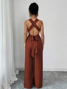 Selianne V领系腰阔腿连体裤，蓝色，女式连体衣，休闲夏装，女士度假装 - 紅木色 - 查看 2