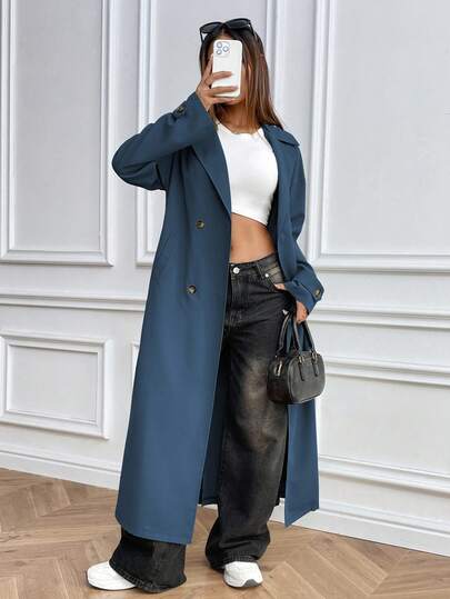 Chiquease 女式休闲纯色双排扣风衣，秋季