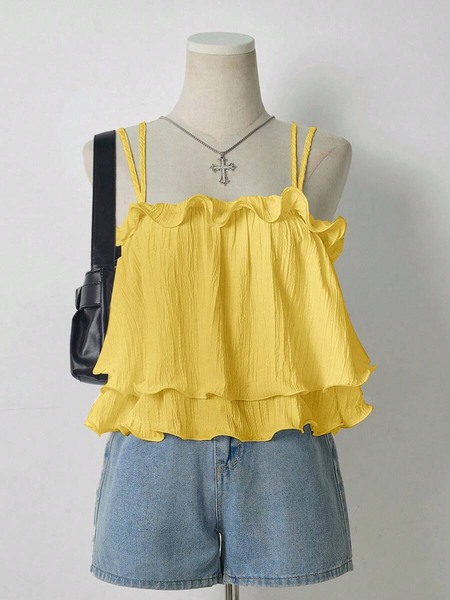 INAWLY Camiseta sin mangas de unicolor con volantes en el bajo para vacaciones de verano - Amarillo - Ver 1