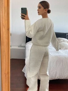 DAZY 女士休闲宽松加厚两件套，秋冬家居服套装 - 米色 - 查看 2