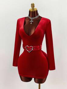 Amplova 女式纯色深V领长袖心形扣腰带设计修身时尚迷你连衣裙 - 紅色 - 查看 1