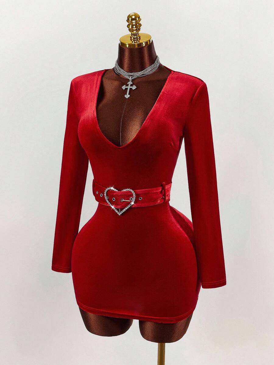 Amplova 女式纯色深V领长袖心形扣腰带设计修身时尚迷你连衣裙 - 紅色 - 查看 1