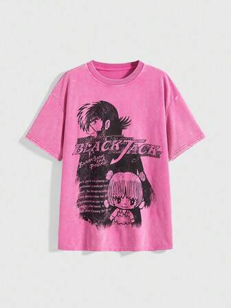 Black Jack X ROMWE Camiseta de verano holgada y lavada con estampado de personaje de anime y eslogan, de estilo casual y fashionista punk para mujer