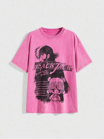 Black Jack X ROMWE T-shirt oversize délavé d'été pour femmes, style casual, mode punk de rue avec impression de personnage d'anime et de slogan